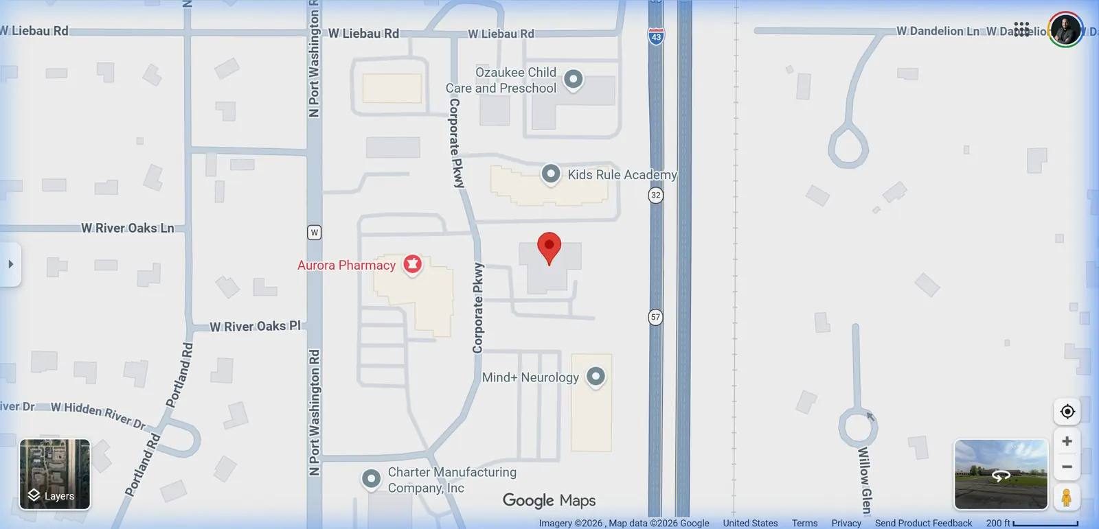 Map showing Vector Science & Therapeutics headquarters at 12250 Corporate Parkway, Mequon, WI