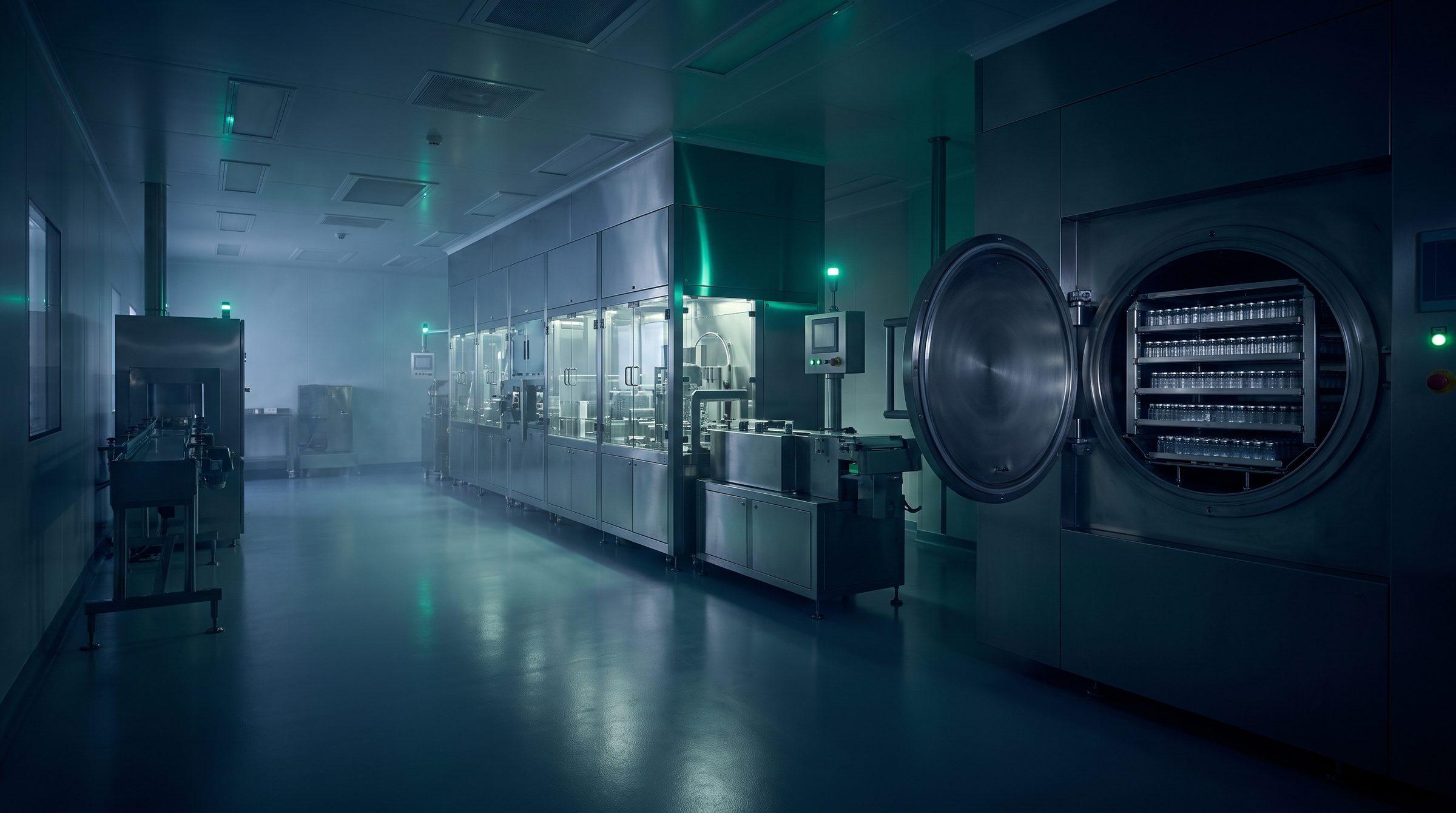 cGMP peptide manufacturing cleanroom with a stainless-steel process line and an open lyophilizer holding shelves of vials
