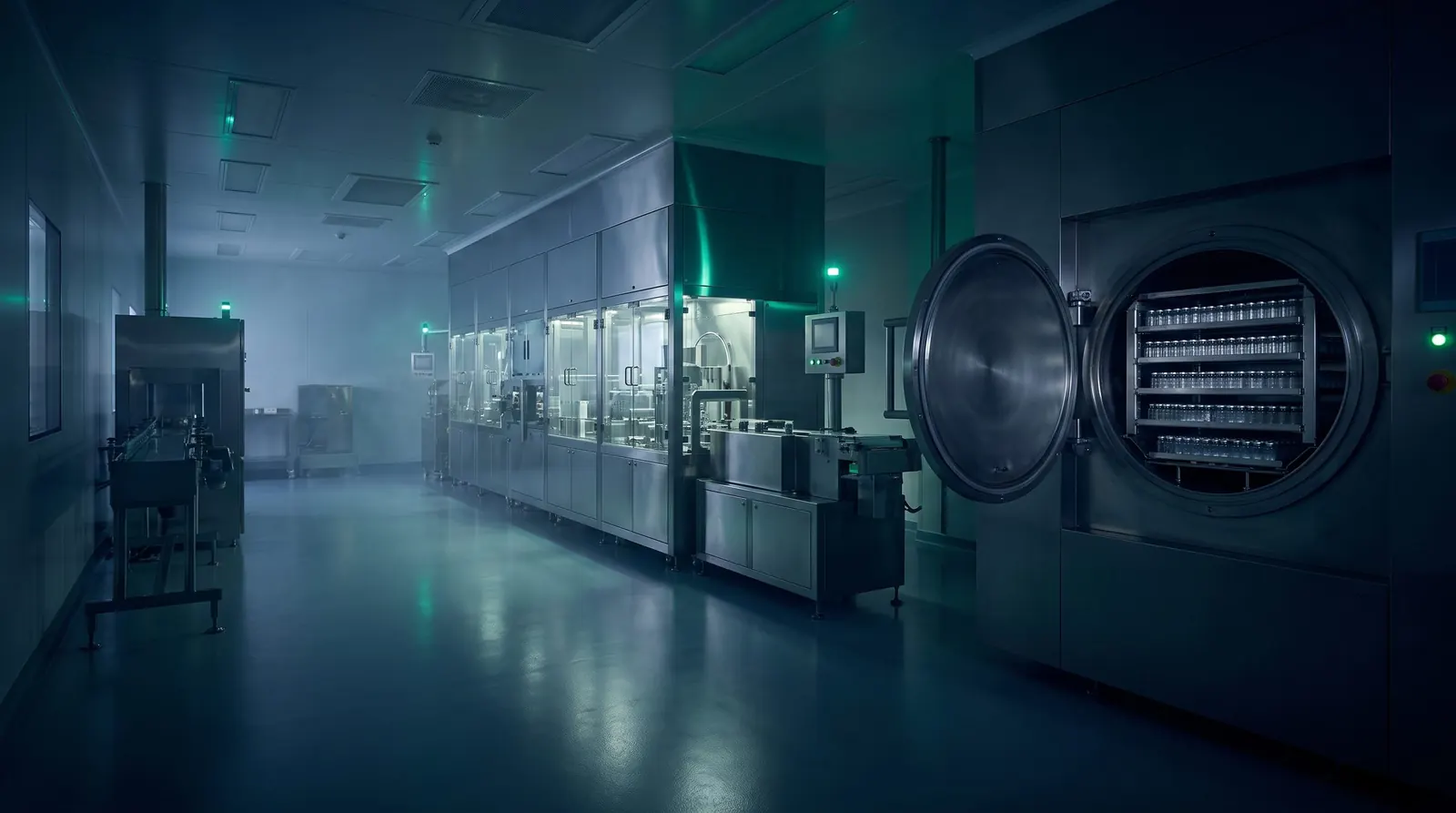 cGMP peptide manufacturing cleanroom with a stainless-steel process line and an open lyophilizer holding shelves of vials