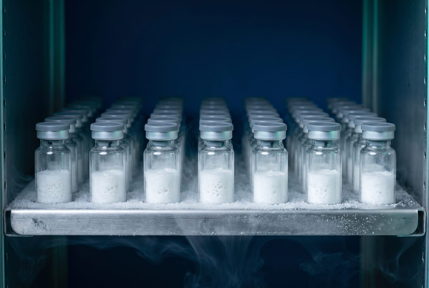 Rows of lyophilized peptide vials with grey stoppers on a frosted lyophilizer shelf